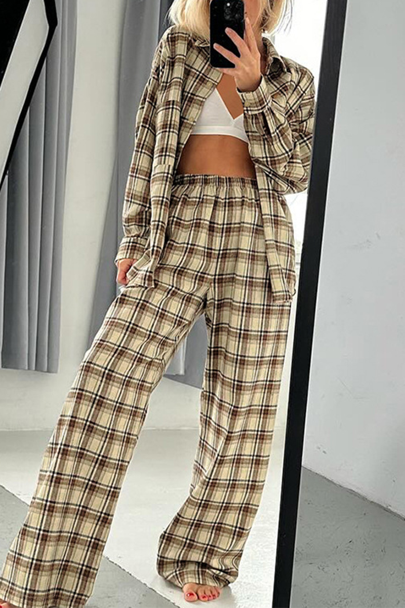 Casual Plaid Buttons Contrast Turndown Collar Long Sleeve Two Pieces