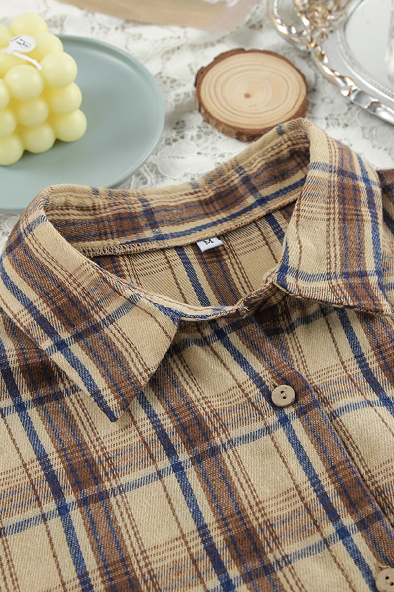 Casual Plaid Buttons Contrast Turndown Collar Long Sleeve Two Pieces