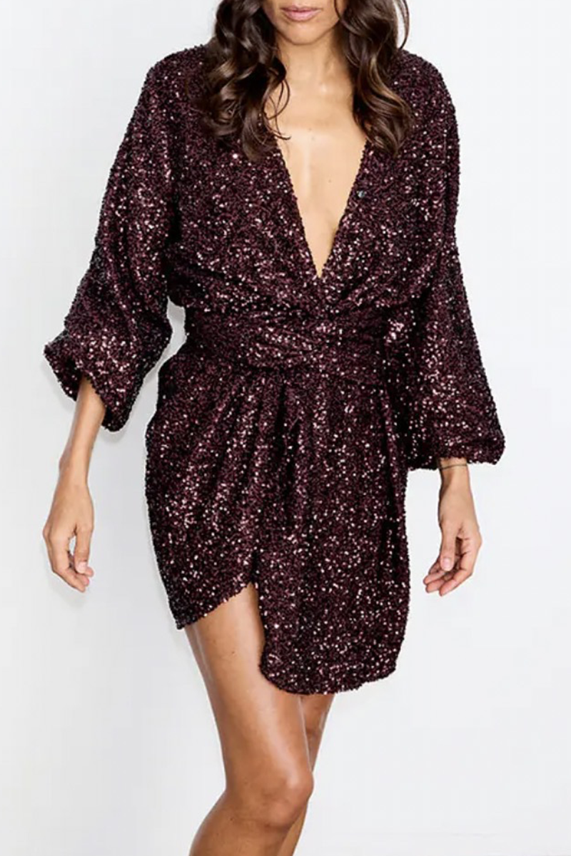 Sexy Solid Color Sequins Lace Up V Neck A Line Dresses