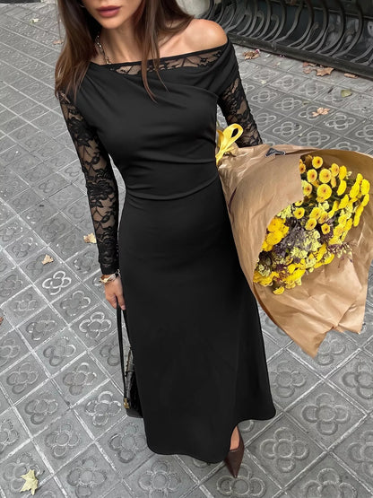 One-Shoulder Lace Sleeve Maxi Dress