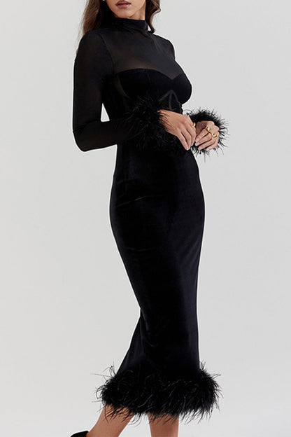 Sexy Kleider aus Samt mit Netzstoff und Federsaum und Rundhalsausschnitt, Wickelrock