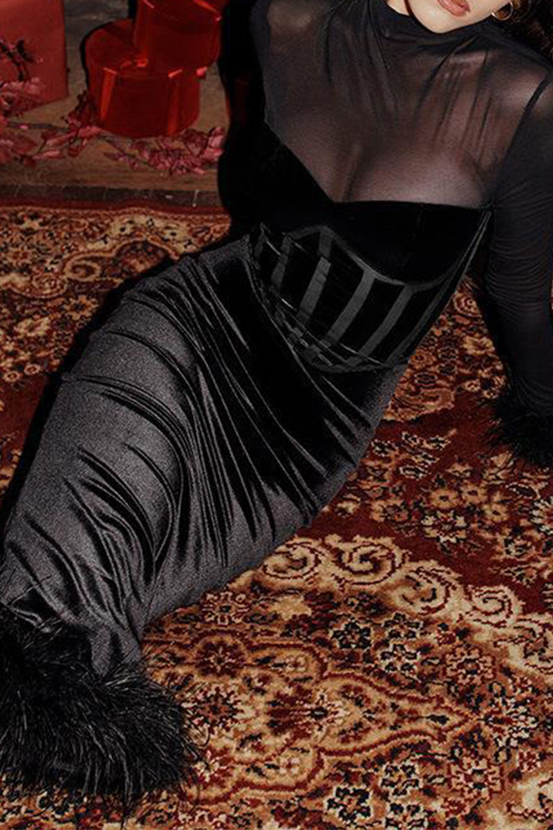 Sexy Kleider aus Samt mit Netzstoff und Federsaum und Rundhalsausschnitt, Wickelrock