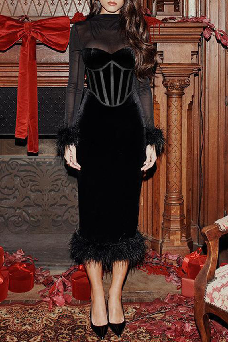 Sexy Kleider aus Samt mit Netzstoff und Federsaum und Rundhalsausschnitt, Wickelrock