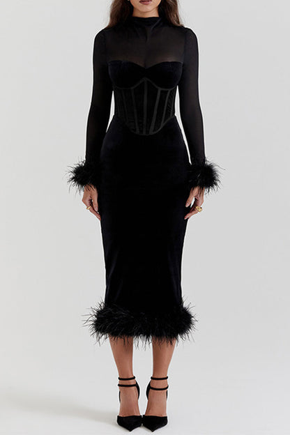 Sexy Kleider aus Samt mit Netzstoff und Federsaum und Rundhalsausschnitt, Wickelrock