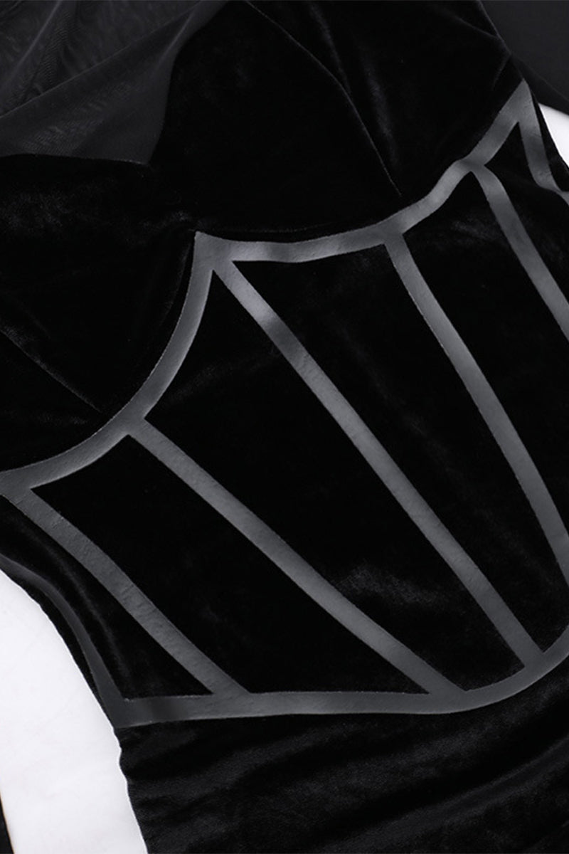 Sexy Kleider aus Samt mit Netzstoff und Federsaum und Rundhalsausschnitt, Wickelrock