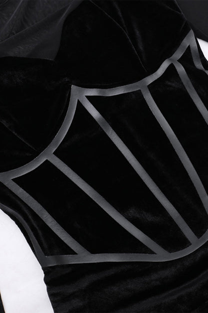 Sexy Kleider aus Samt mit Netzstoff und Federsaum und Rundhalsausschnitt, Wickelrock