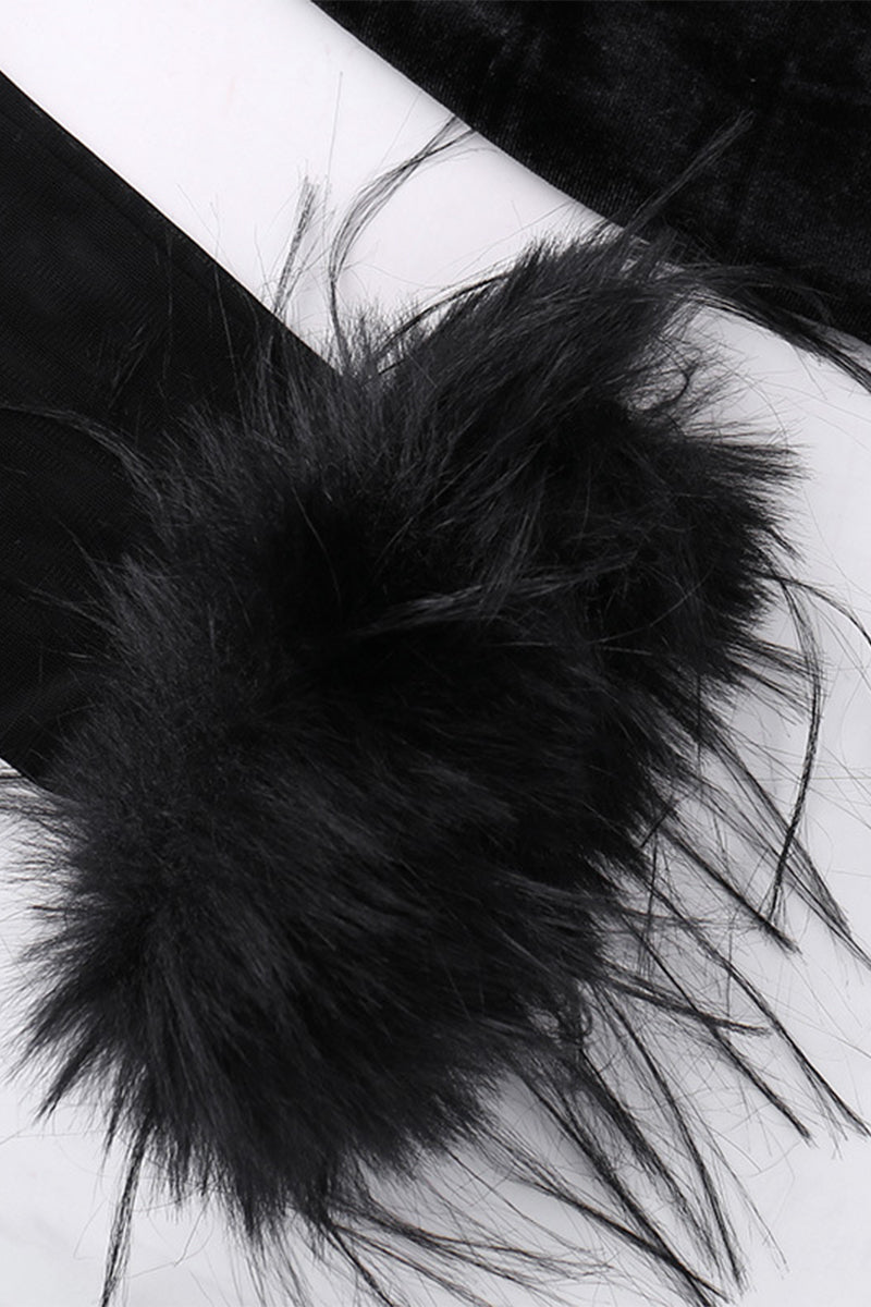 Sexy Kleider aus Samt mit Netzstoff und Federsaum und Rundhalsausschnitt, Wickelrock