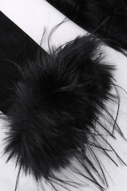 Sexy Kleider aus Samt mit Netzstoff und Federsaum und Rundhalsausschnitt, Wickelrock