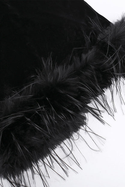 Sexy Kleider aus Samt mit Netzstoff und Federsaum und Rundhalsausschnitt, Wickelrock