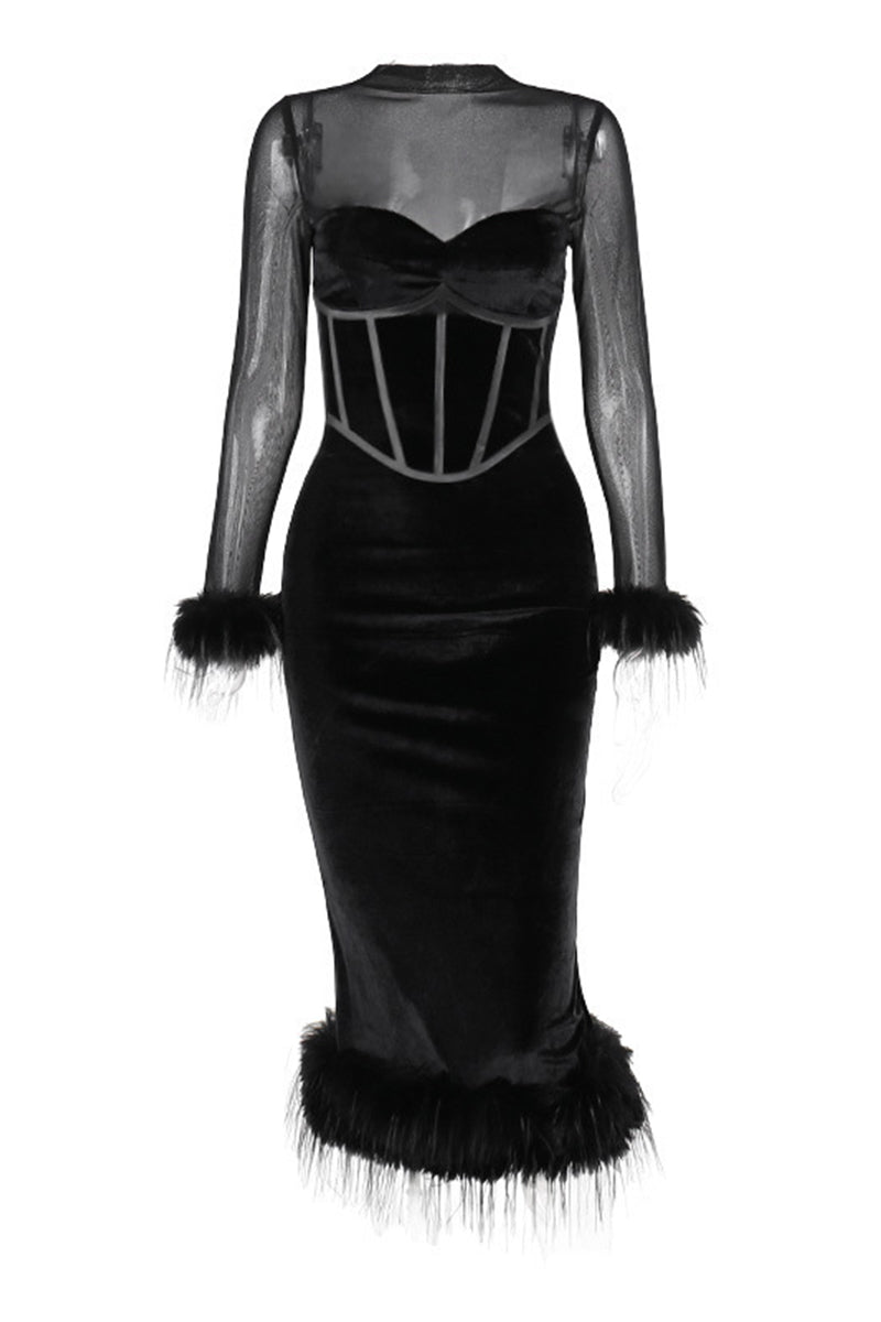 Sexy Kleider aus Samt mit Netzstoff und Federsaum und Rundhalsausschnitt, Wickelrock