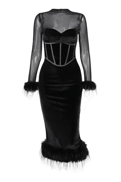 Sexy Kleider aus Samt mit Netzstoff und Federsaum und Rundhalsausschnitt, Wickelrock