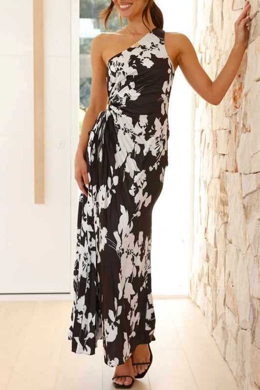 Sexy Urlaubskleid mit Blumendruck, ausgehöhlten Kordelzügen, plissierten Kleidern mit schrägen Schultern (3 Farben)