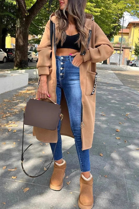 Manteau à capuche zippé avec poches et lettres de style décontracté