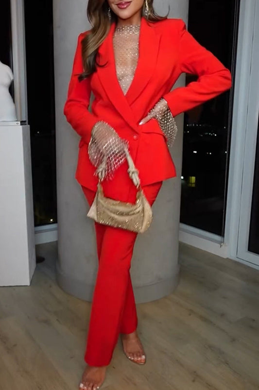 Lässiger, einfarbiger Zweiteiler mit Knöpfen, Patchwork, Umschlagkragen, langen Ärmeln (kein Innendesign)