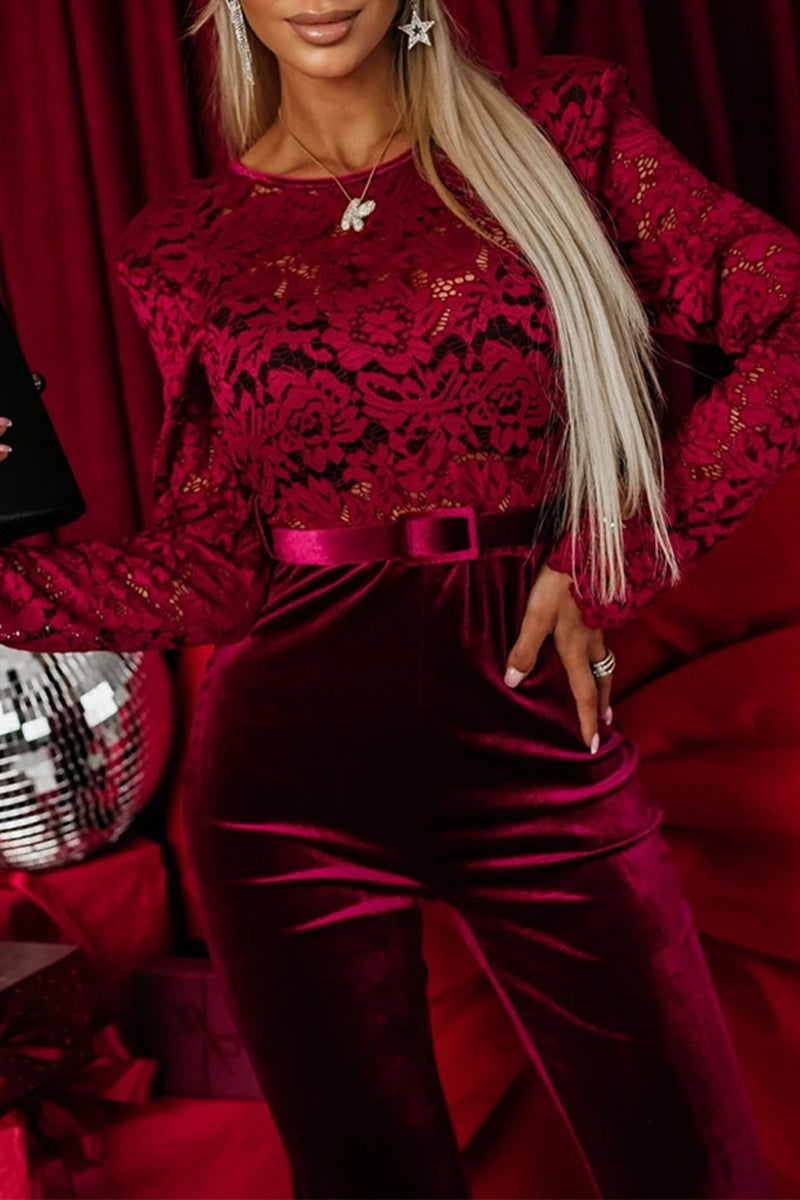 Combinaison sexy en dentelle de couleur unie avec patchwork et dos nu en velours à col rond (sans ceinture)