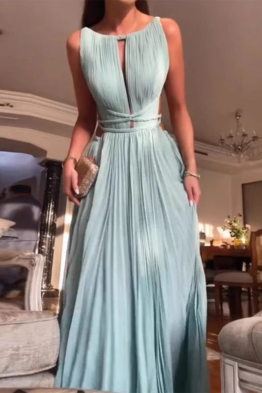 Robe plissée sexy à bretelles dos nu de couleur unie et col rond