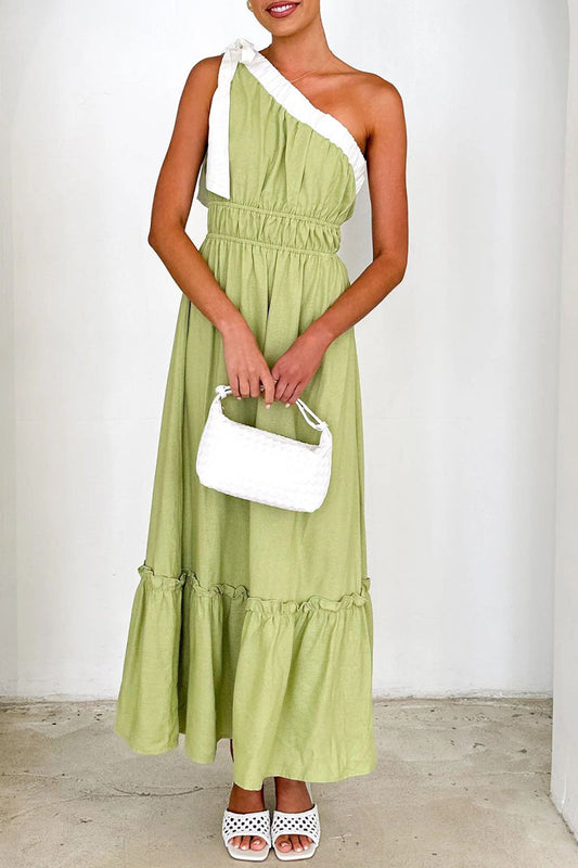 Robe sexy à lacets et volants en patchwork avec épaules tombantes contrastées et irrégulières