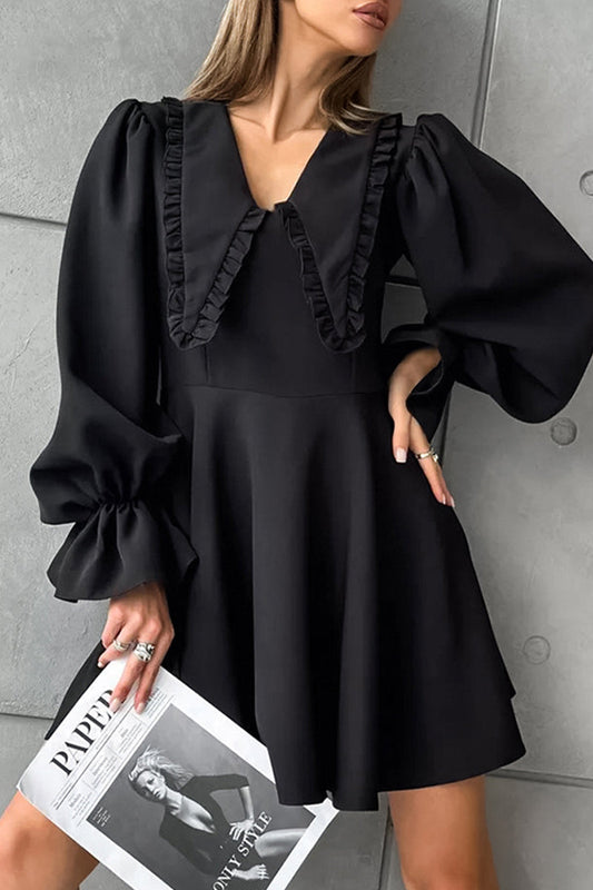 Robe trapèze élégante à col Peter Pan avec fermeture éclair et patchwork de couleur unie