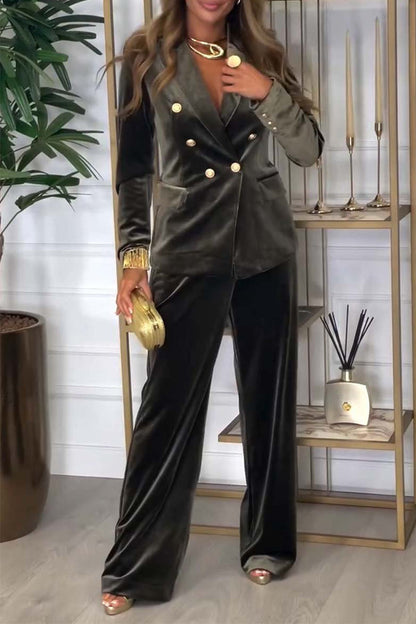 Ensemble deux pièces décontracté à boutons et patchwork en velours avec col rabattu et manches longues (3 couleurs)