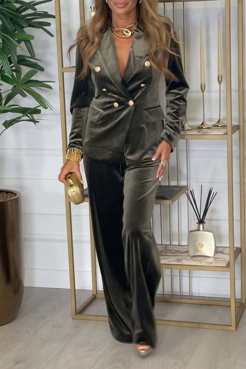 Ensemble deux pièces décontracté à boutons et patchwork en velours avec col rabattu et manches longues (3 couleurs)