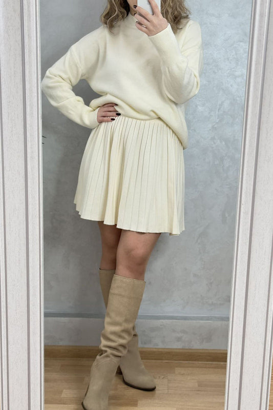 Ensemble deux pièces élégant en patchwork de couleur unie plissé à col rond et manches longues