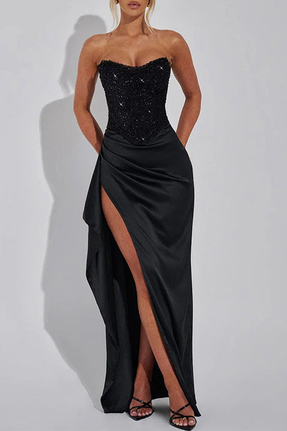 Sexy Prom Solid Color Sequins Slit Ruched Off Shoulder Evening Dresses