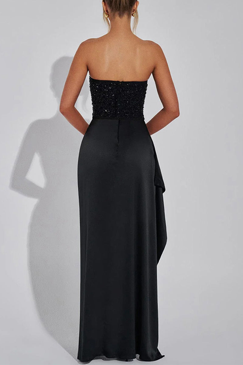 Sexy Prom Solid Color Sequins Slit Ruched Off Shoulder Evening Dresses