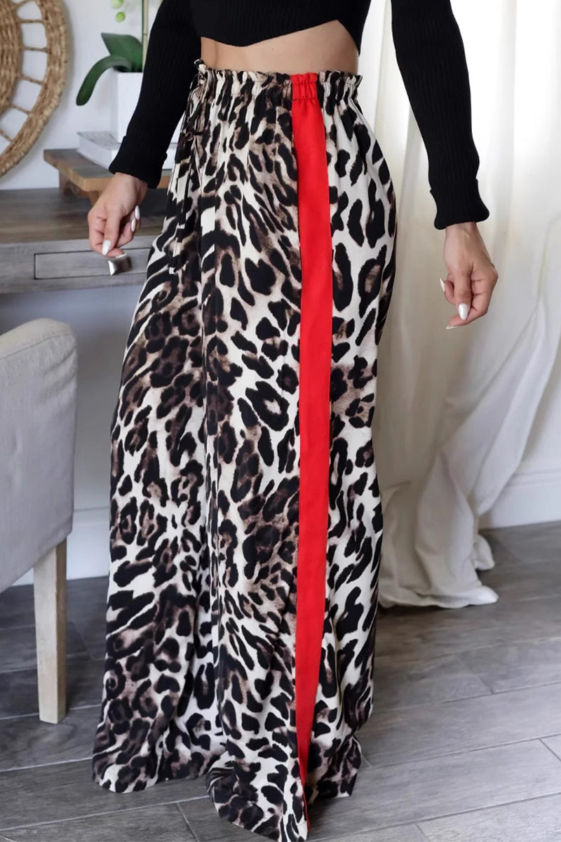 Casual Daily Stripe Leopard Patchwork Loose High Waist Wide Leg Full Print Bottoms