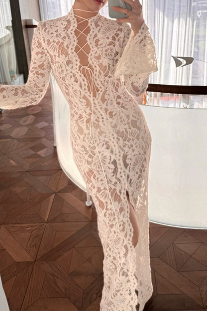 Sexy Solid Color Lace See-Through Strap Design V Neck Lace Dress Dresses