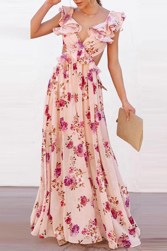 Robe longue sexy à imprimé floral et à lacets avec volants et col en V