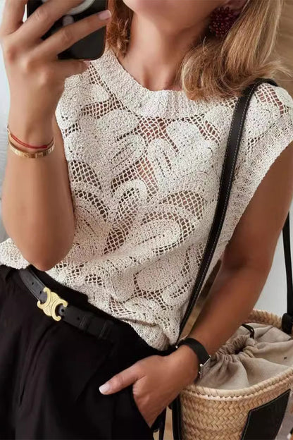 Casual Daily Solid Color Hollow Out O Neck Tops