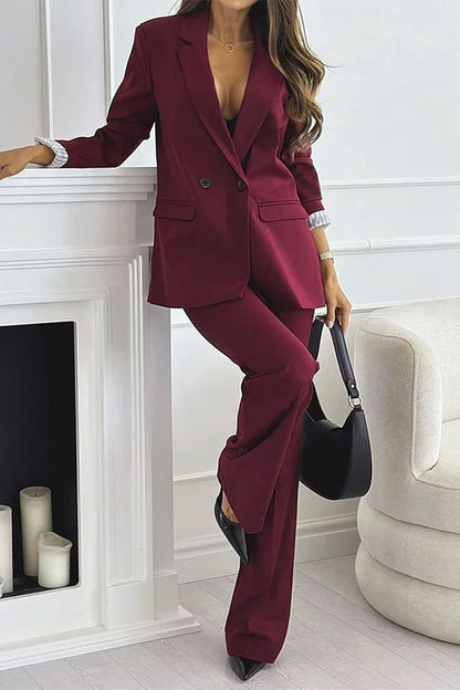 Ensemble deux pièces décontracté à boutons et patchwork, col rabattu, manches longues