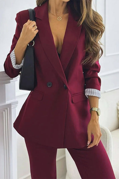 Ensemble deux pièces décontracté à boutons et patchwork, col rabattu, manches longues