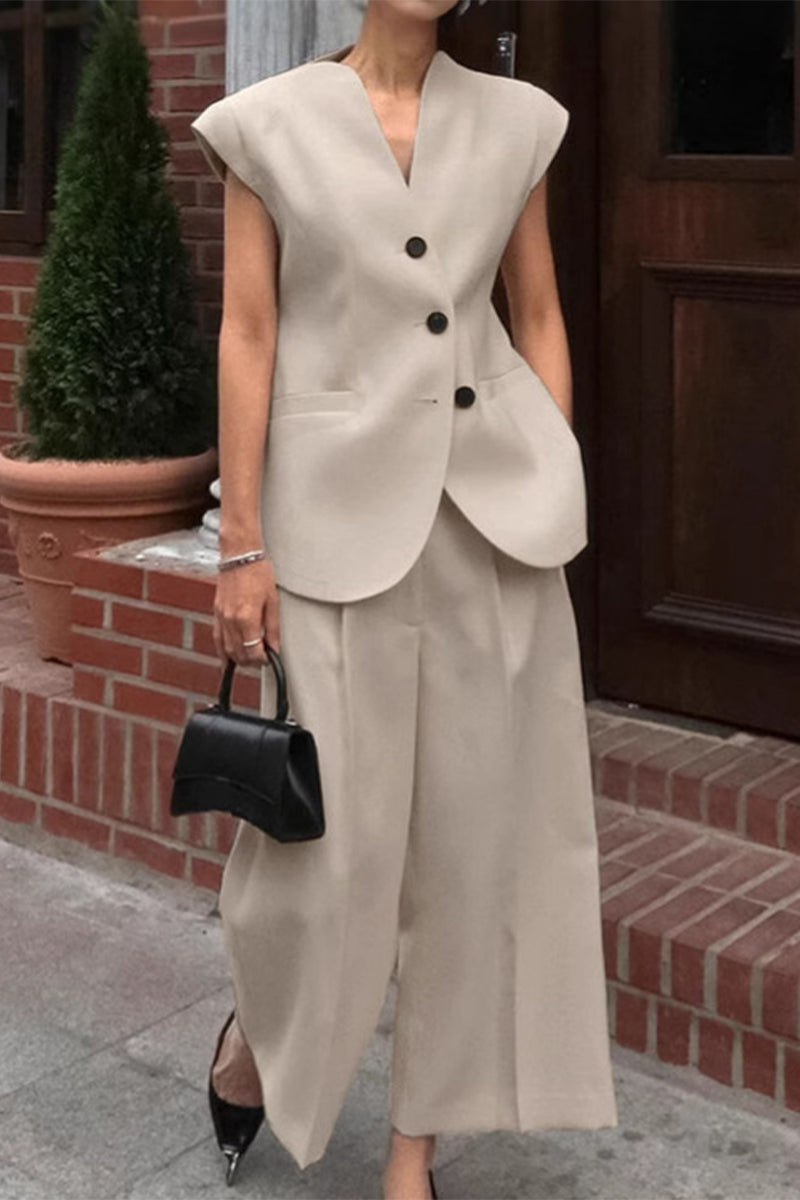 Ensemble deux pièces décontracté de rue, couleur unie, poches, boutons, col en V, manches courtes