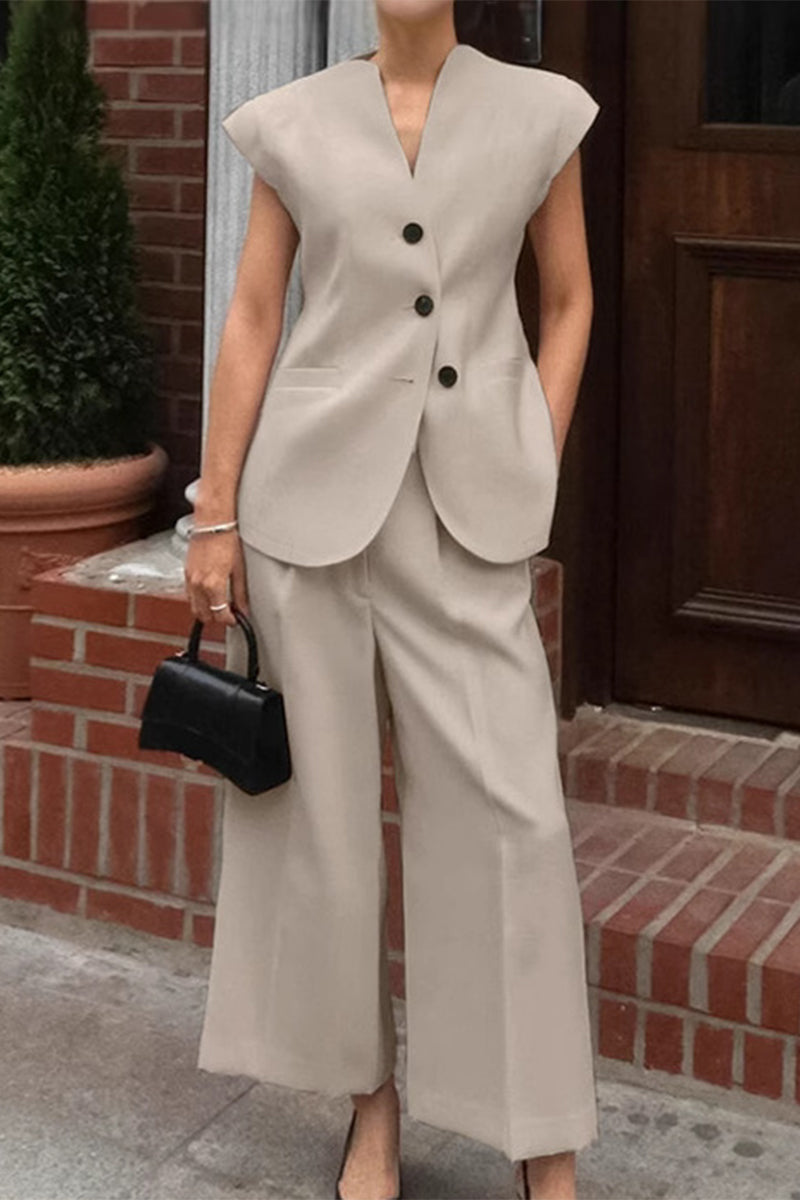 Ensemble deux pièces décontracté de rue, couleur unie, poches, boutons, col en V, manches courtes