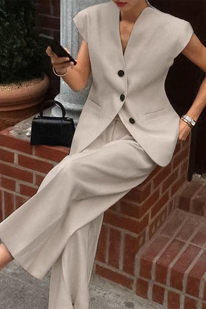 Ensemble deux pièces décontracté de rue, couleur unie, poches, boutons, col en V, manches courtes