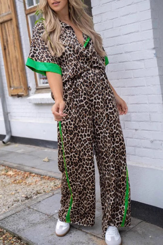 Ensemble deux pièces décontracté à col rabattu et manches courtes en patchwork léopard