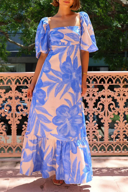 Robe trapèze élégante à imprimé floral et volants contrastés à col carré