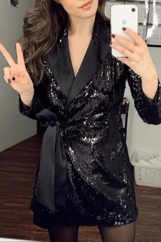Sexy Solid Color Sequins Lace Up Turn-back Collar Suit Dresses