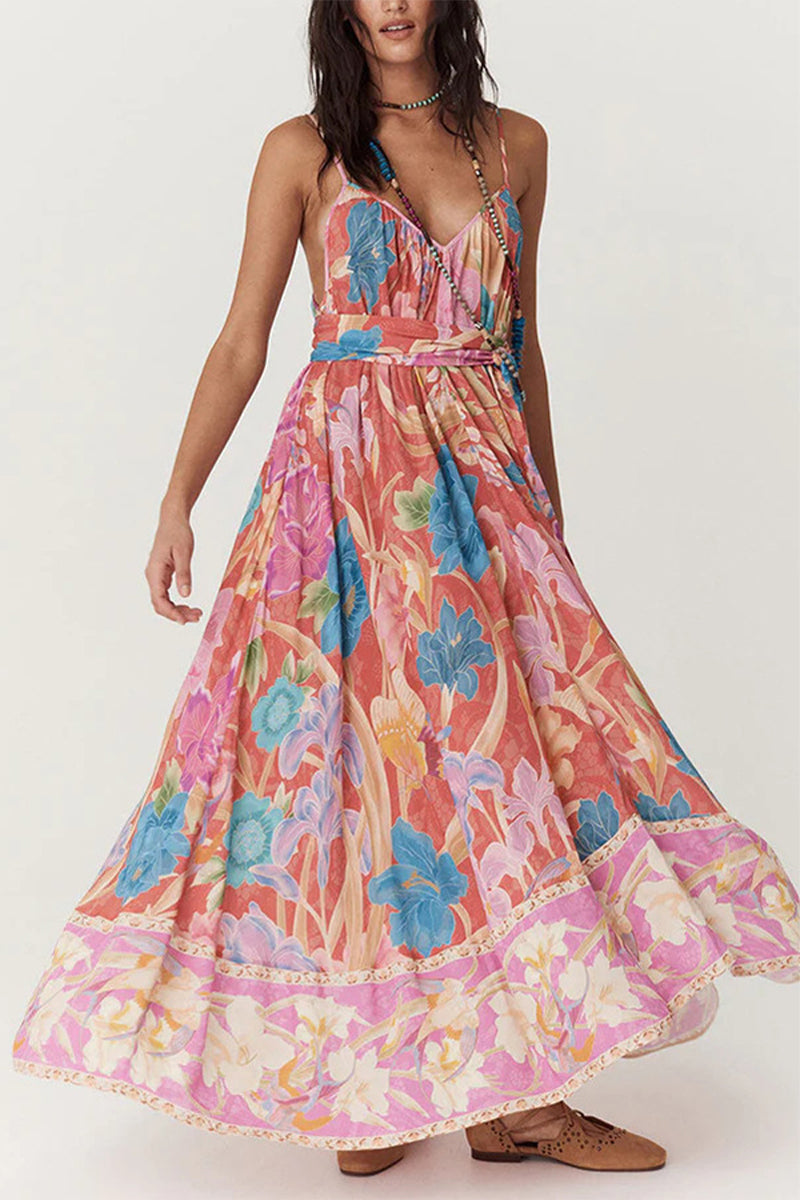 Robe sexy de vacances à imprimé floral, dos nu, contraste, col en V, imprimée