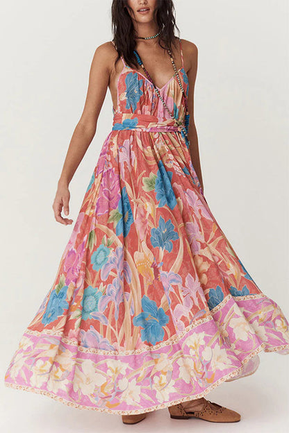 Robe sexy de vacances à imprimé floral, dos nu, contraste, col en V, imprimée