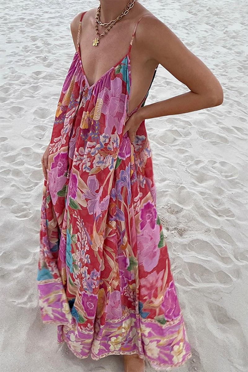 Robe sexy de vacances à imprimé floral, dos nu, contraste, col en V, imprimée