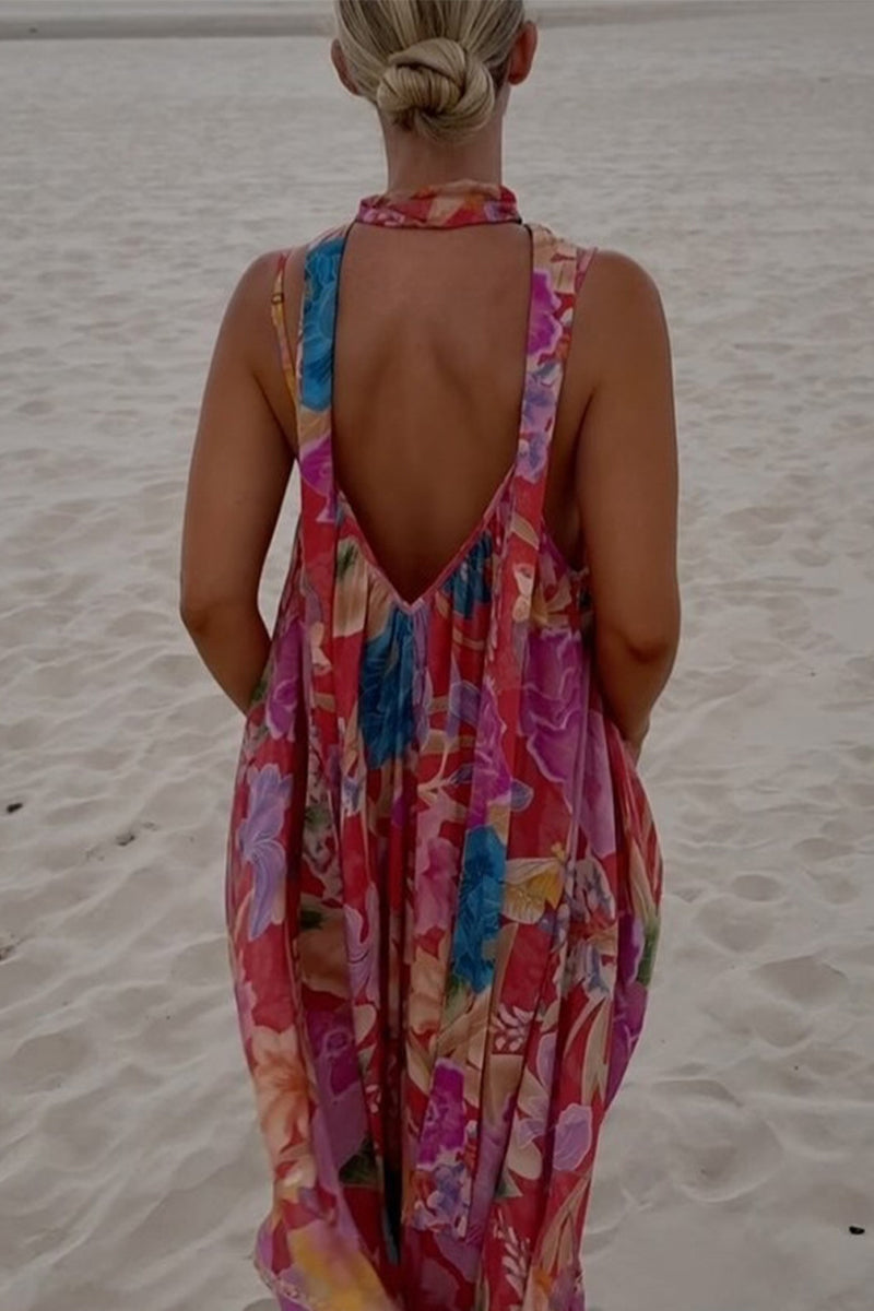 Robe sexy de vacances à imprimé floral, dos nu, contraste, col en V, imprimée
