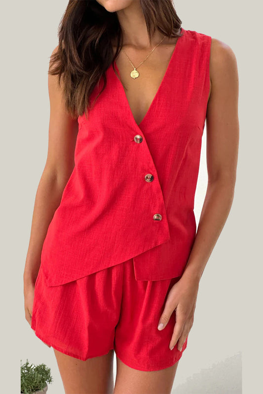 Casual Daily Solid Color Buttons Irregular V Neck Sleeveless Two Pieces