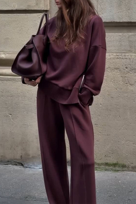 Ensemble deux pièces décontracté à col roulé et manches longues et poches de couleur unie