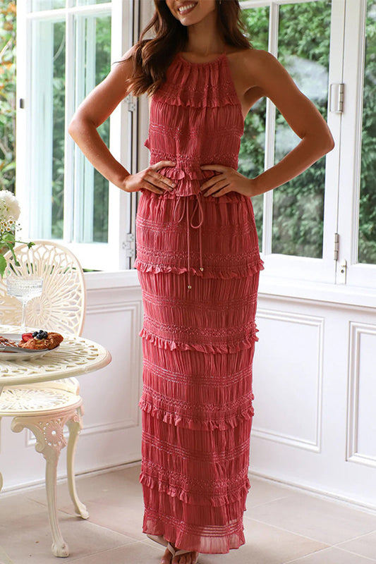 Ensemble deux pièces sexy sans manches à lacets et col licou de couleur unie