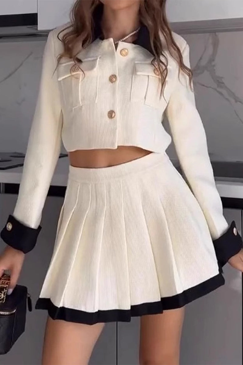 Prominente Einfarbig Patchwork Plissee Kontrast Umlegekragen Langarm Zweiteiler