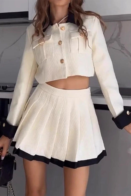 Prominente Einfarbig Patchwork Plissee Kontrast Umlegekragen Langarm Zweiteiler