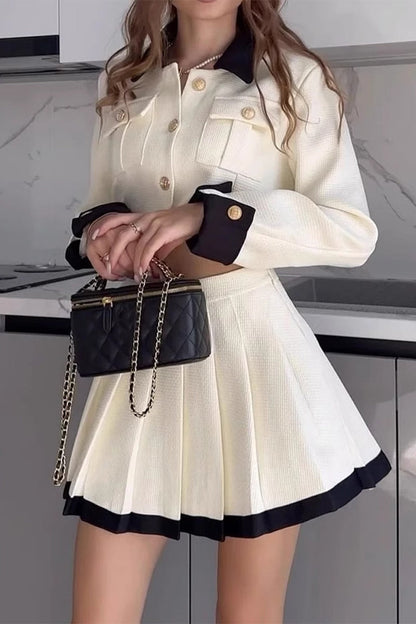 Prominente Einfarbig Patchwork Plissee Kontrast Umlegekragen Langarm Zweiteiler