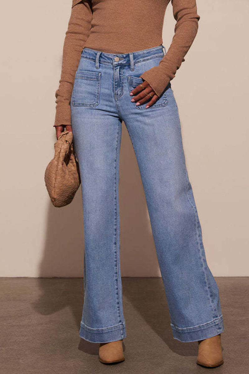 Casual Solid Color Distressed Pocket High Waist Loose Denim Jeans